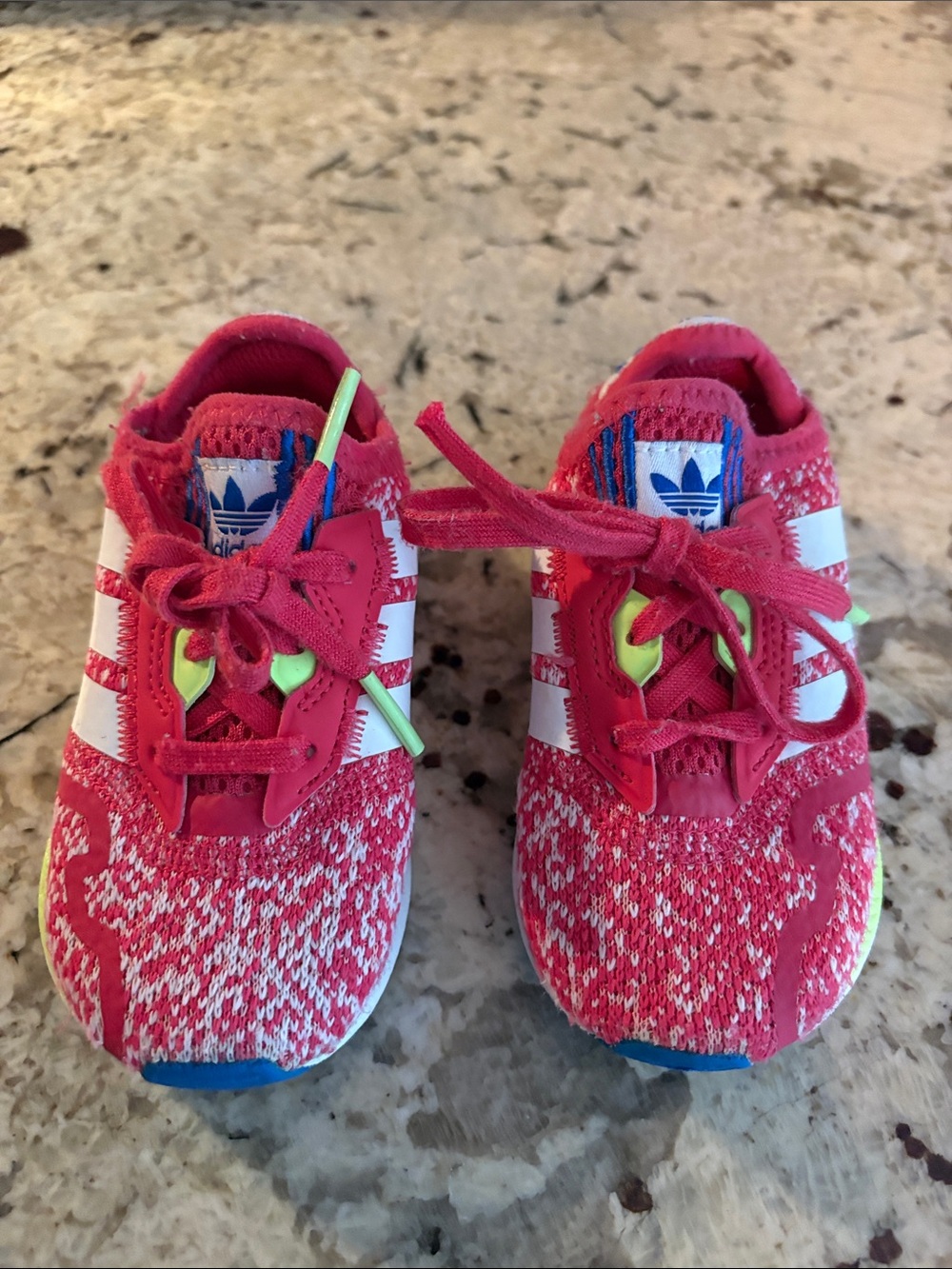 adidas Kids Pink and White Knit Sneakers with Neon Accents